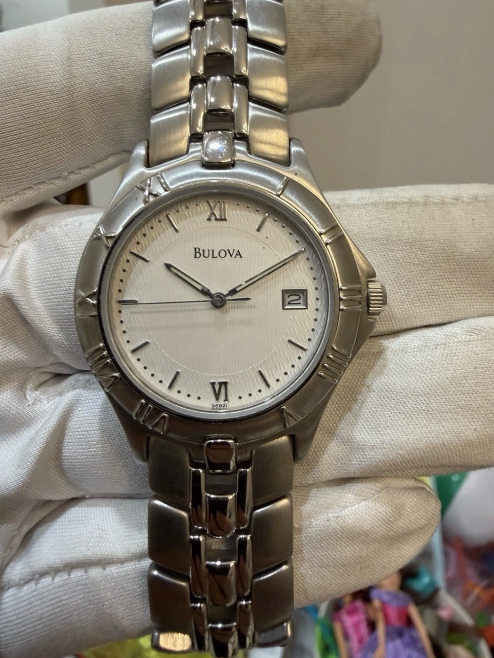 Bulova 96B21 Men's Watch Stainless Steel Silver White Pinstripe Roman Date New